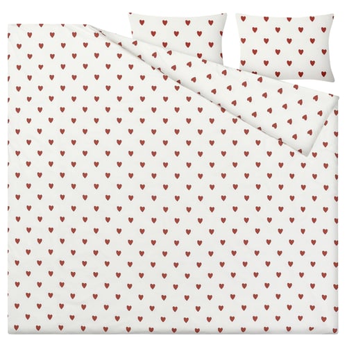 BJÖRNBÄRBUSKE Copripiumino e 2 federe, motivo cuore bianco/rosso, 240x220/50x60 cm