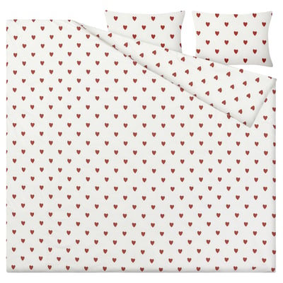 BJÖRNBÄRBUSKE Copripiumino e 2 federe, motivo cuore bianco/rosso, 240x220/50x60 cm