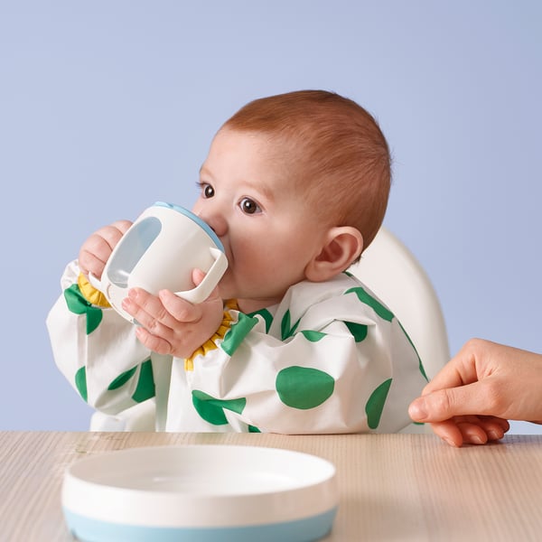 BÖRJA Bicchiere con coperchio per bambini, bianco/blu