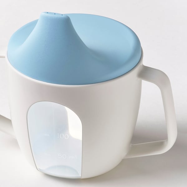 BÖRJA Bicchiere con coperchio per bambini, bianco/blu