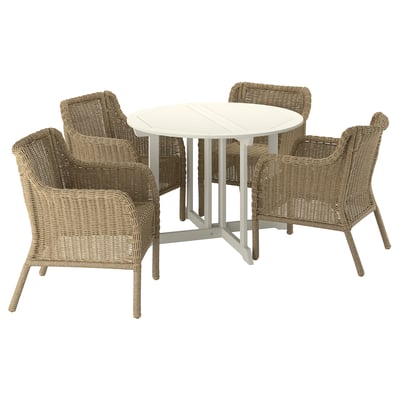 BONDHOLMEN / ULVEVÄR Tavolo+4 sedie braccioli, giardino, bianco/beige plastica effetto rattan marrone, 108 cm