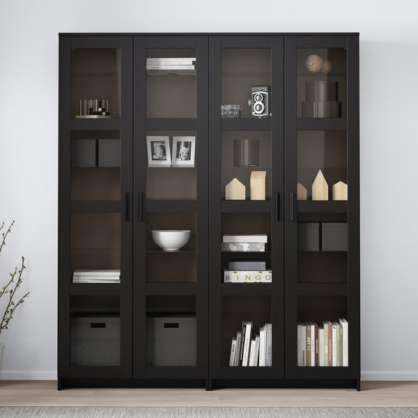 BRIMNES Combinazione con ante a vetro, nero, 160x35x190 cm