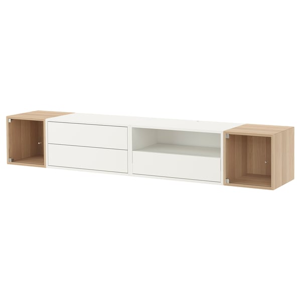 EKET Combinazione audio/video, bianco/rovere con mordente bianco vetro trasparente, 210x35x35 cm