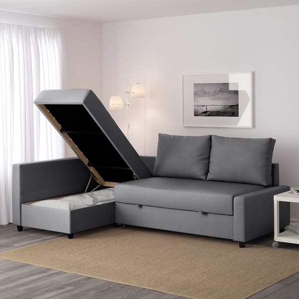 FRIHETEN Divano letto angolare/contenitore, con cuscini schienale extra/Skiftebo grigio scuro