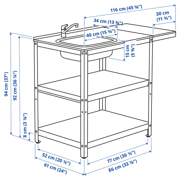 GRILLSKÄR Mobile per lavello con tavolino, inox/da esterno, 93/116x61 cm