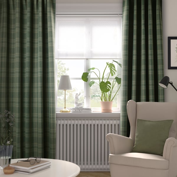 HÄGGVECKMAL Tenda semioscurante, 2 teli, verde scuro/con nastro arricciatende, 145x300 cm