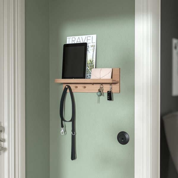 HÄSTVISKARE Portaoggetti da parete con ganci, rovere, 42x15x11 cm