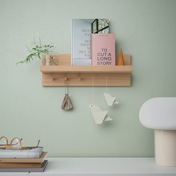 HÄSTVISKARE Portaoggetti da parete con ganci, rovere, 42x15x11 cm