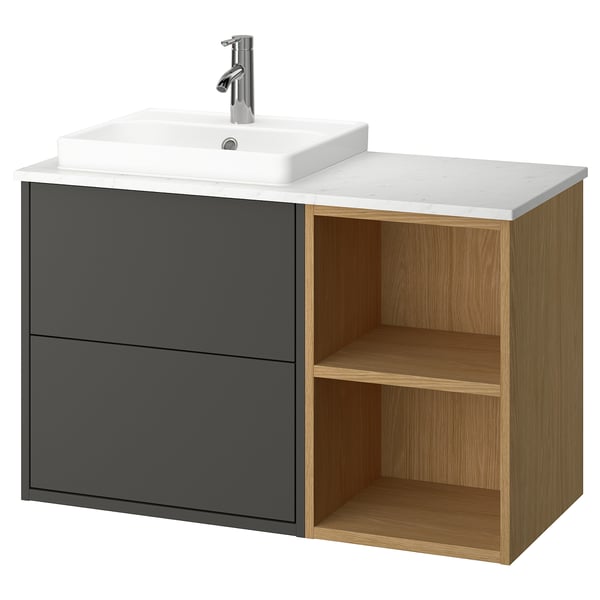 HAVBÄCK / ORRSJÖN Mobile lavabo/lavabo/miscelatore, grigio scuro/effetto rovere/bianco effetto marmo, 102x49x71 cm