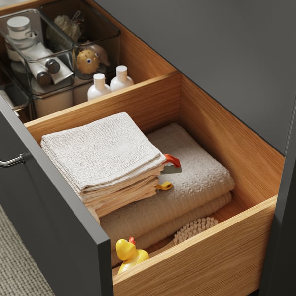 HAVBÄCK / ORRSJÖN Mobile lavabo/lavabo/miscelatore, grigio scuro/effetto rovere/bianco effetto marmo, 102x49x71 cm