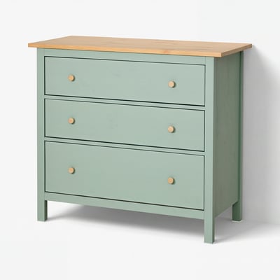 HEMNES Cassettiera con 3 cassetti, grigio-verde/mordente marrone chiaro, 108x96 cm