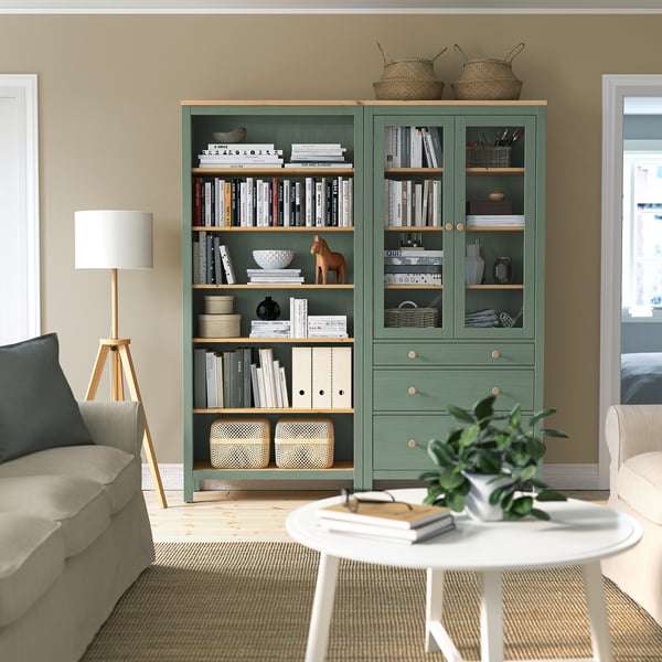 HEMNES Combinazione + ante/cassetti, grigio-verde/mordente marrone chiaro, 180x197 cm