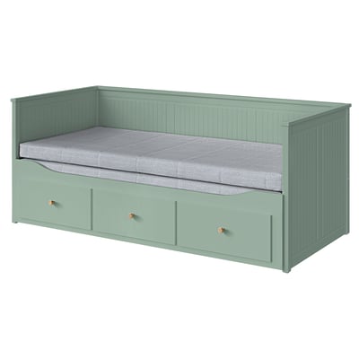 HEMNES Letto divano/3 cassetti/2 materassi, grigio-verde/Ågotnes rigido, 80x200 cm