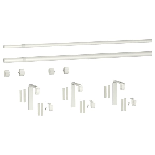 HUGAD / RÄCKA Combinazione bastone tenda doppio, con supporti da parete/soffitto/con terminali bianco, 120-210 cm