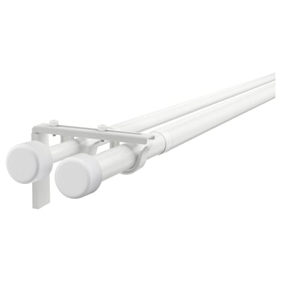 HUGAD / RÄCKA Combinazione bastone tenda doppio, con supporti da parete/soffitto/con terminali bianco, 210-385 cm