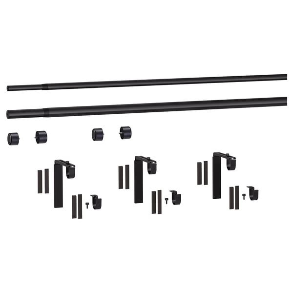 HUGAD / RÄCKA Combinazione bastone tenda doppio, con supporti da parete/soffitto/con terminali nero, 120-210 cm