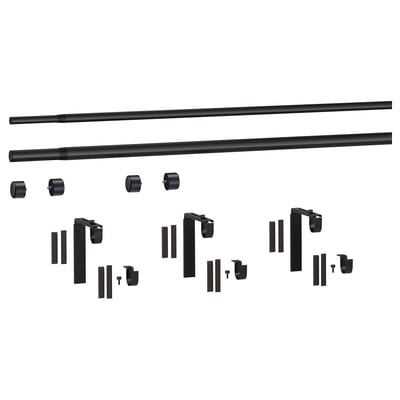 HUGAD / RÄCKA Combinazione bastone tenda doppio, con supporti da parete/soffitto/con terminali nero, 120-210 cm