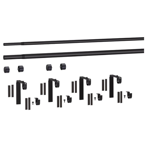 HUGAD / RÄCKA Combinazione bastone tenda doppio, con supporti da parete/soffitto/con terminali nero, 210-385 cm
