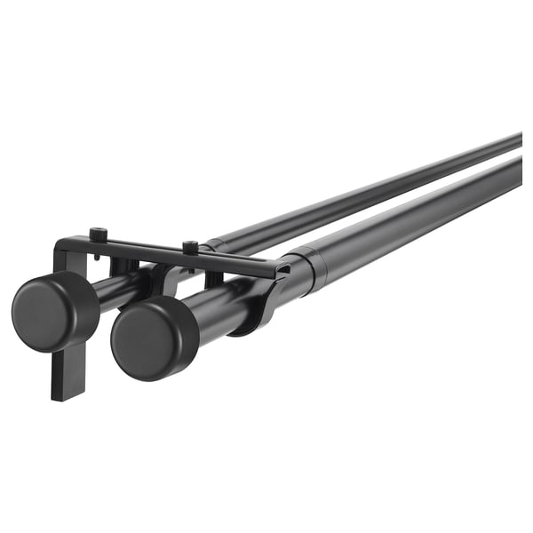 HUGAD / RÄCKA Combinazione bastone tenda doppio, con supporti da parete/soffitto/con terminali nero, 210-385 cm