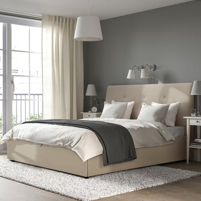 IDANÄS Letto imbottito con contenitore, Naggen beige, 180x200 cm