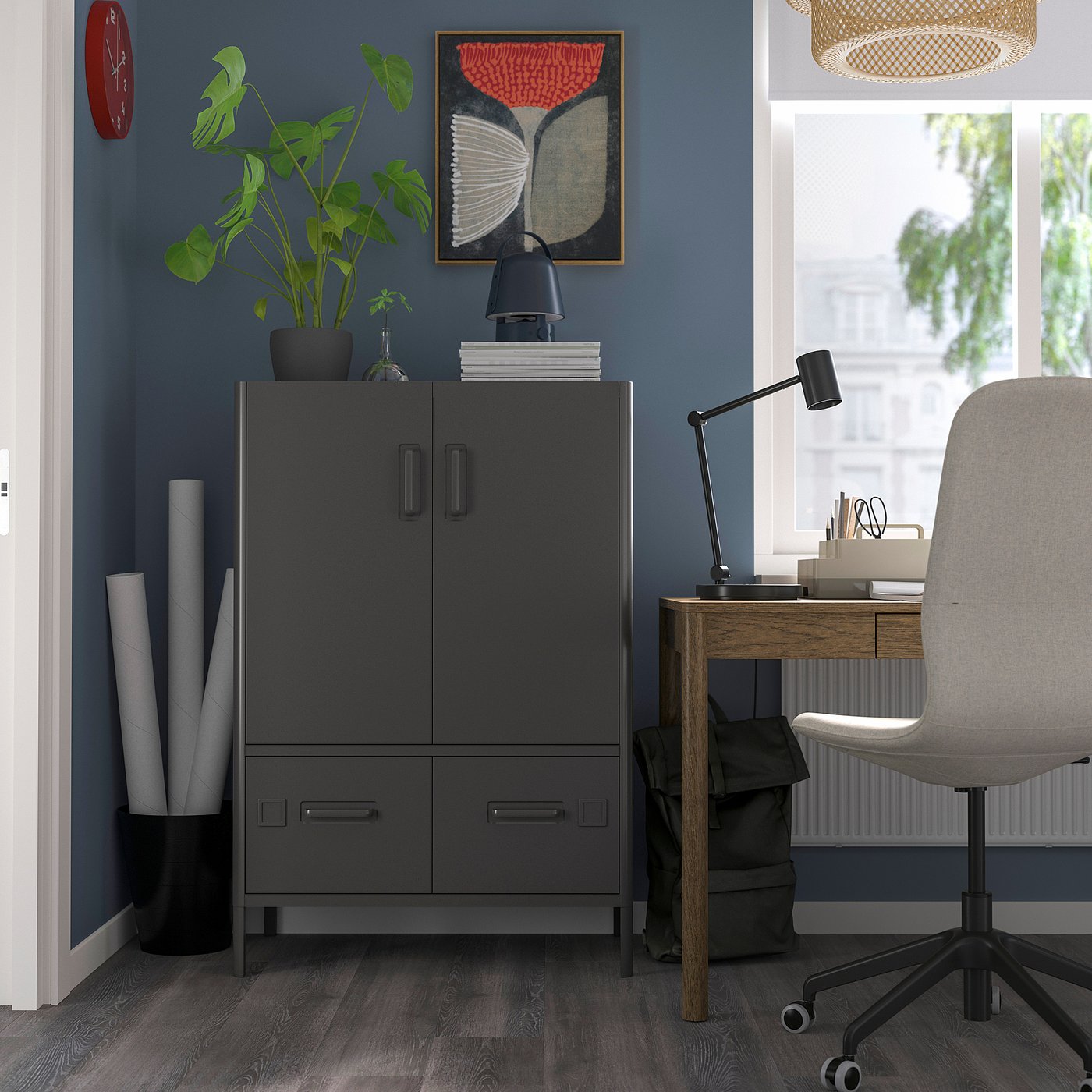IDÅSEN mobile con ante e cassetti, grigio scuro, 80x47x119 cm