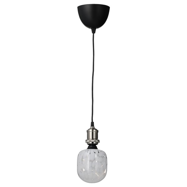 JÄLLBY / MOLNART Lampada a sospensione con lampadina, nichelato/tubolare vetro bianco/trasparente
