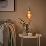 JÄLLBY / MOLNART Lampada a sospensione con lampadina, tessuto nichelato/fungo vetro trasparente marrone