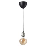 JÄLLBY / MOLNART Lampada a sospensione con lampadina, tessuto nichelato/fungo vetro trasparente marrone