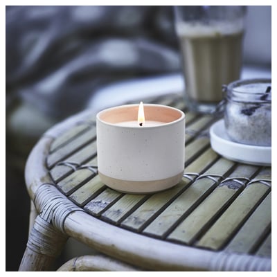 JÄMLIK Candela profumata/vaso di ceramica, Vaniglia/bianco, 25 h