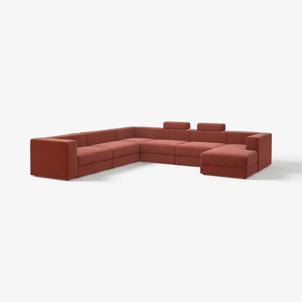 JÄTTEBO Divano a U a 7 posti, con chaise-longue, destra con poggiatesta/Samsala marrone-rosso