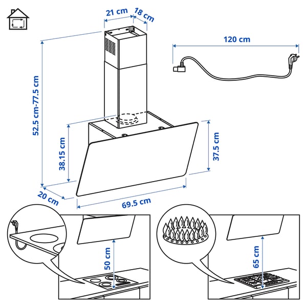 KNUVEBO Cappa da fissare alla parete, IKEA 500 nero, 70 cm
