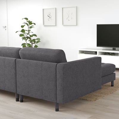 LANDSKRONA Divano a 3 posti con chaise-longue, Gunnared grigio scuro/legno/nero