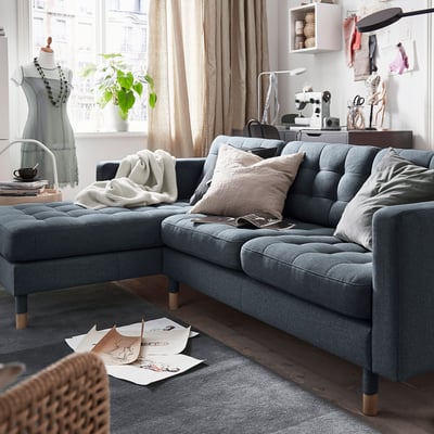 LANDSKRONA Divano a 4 posti, con chaise-longue/Gunnared blu/legno