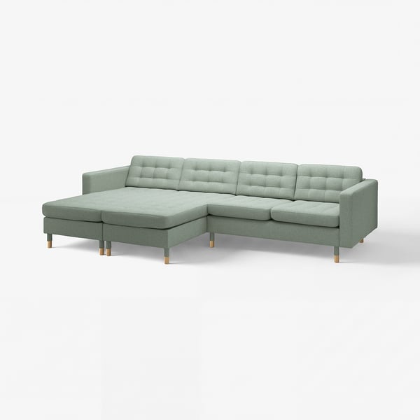 LANDSKRONA Divano a 4 posti con chaise-longue, Gunnared verde chiaro/legno