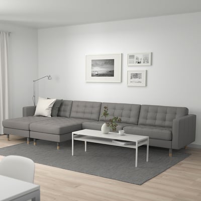 LANDSKRONA Divano a 5 posti, con chaise-longue/Grann/Bomstad grigio-verde/legno