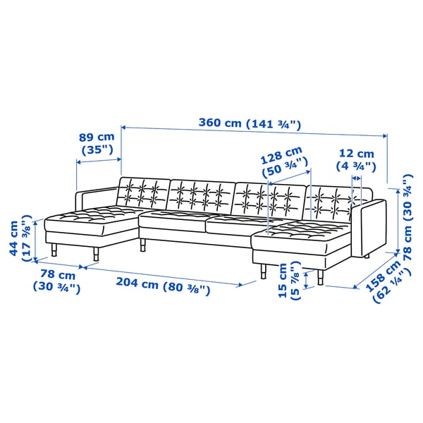 LANDSKRONA Divano a 5 posti con chaise-longue, Gunnared blu/legno/nero
