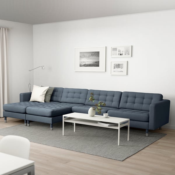 LANDSKRONA Divano a 5 posti, con chaise-longue/Gunnared blu/metallo