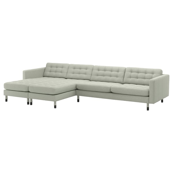 LANDSKRONA Divano a 5 posti con chaise-longue, Gunnared verde chiaro/legno/nero