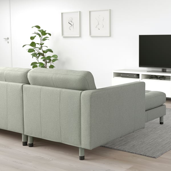 LANDSKRONA Divano a 5 posti con chaise-longue, Gunnared verde chiaro/legno/nero