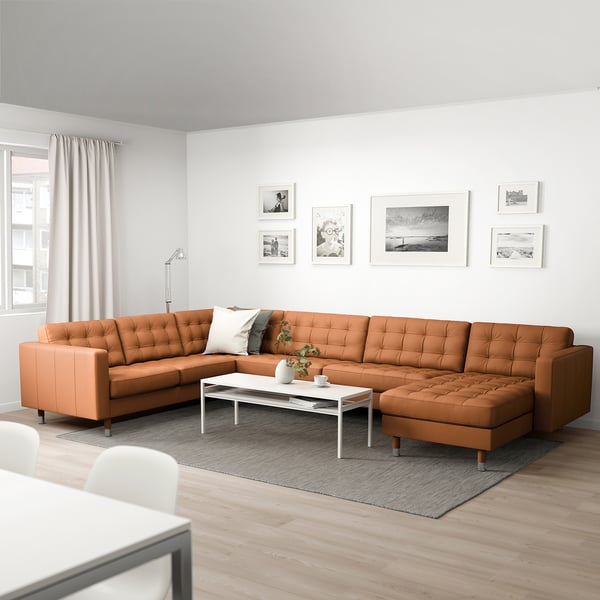 LANDSKRONA Divano angolare a 6 posti, con chaise-longue/Grann/Bomstad ocra bruna/metallo