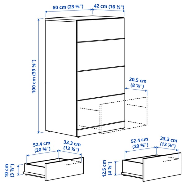 LASTARE Cassettiera con 4 cassetti, bianco, 60x42x100 cm