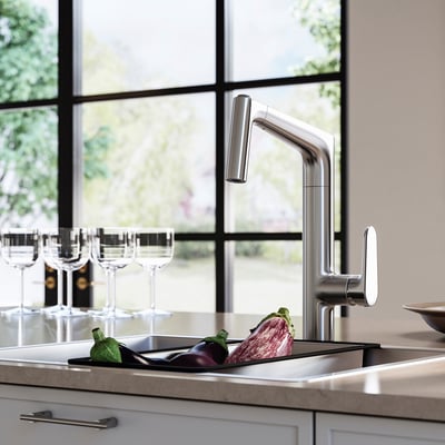 MAJSJÖN Miscelatore cucina/doccetta/getto, color acciaio inox