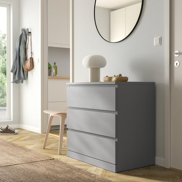 MALM Cassettiera con 3 cassetti, grigio trattato con mordente, 80x78 cm