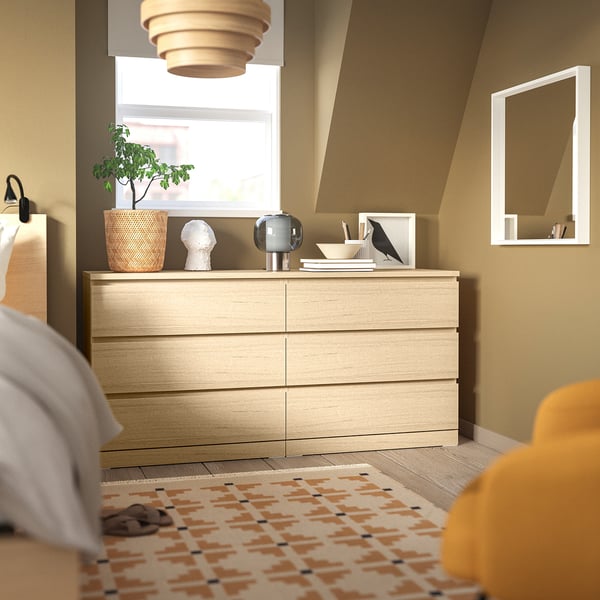 MALM Cassettiera con 6 cassetti, impiallacciato rovere mord bianco, 160x78 cm