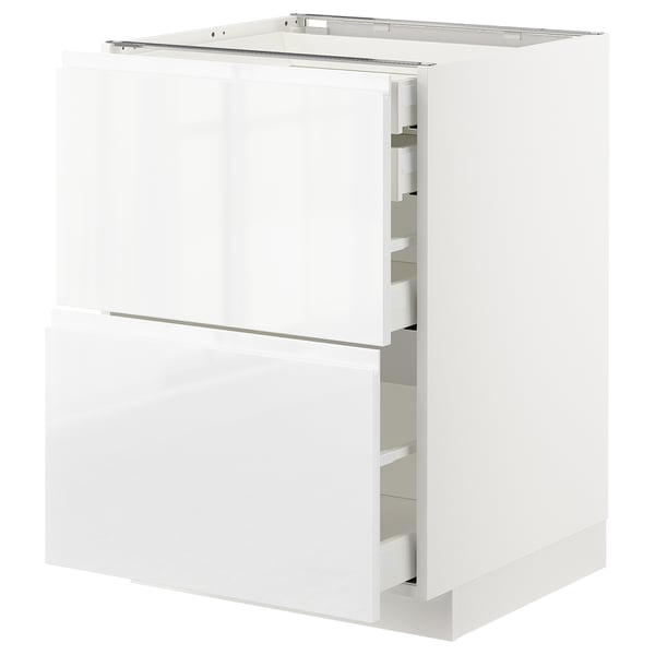 METOD / MAXIMERA Mob 2front/2casset bass/1med/1alt, bianco/Voxtorp lucido/bianco, 60x60 cm