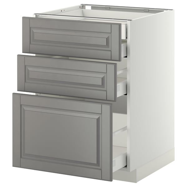 METOD / MAXIMERA Mob 3front/2casset bas/1med/1alt, bianco/Bodbyn grigio, 60x60 cm