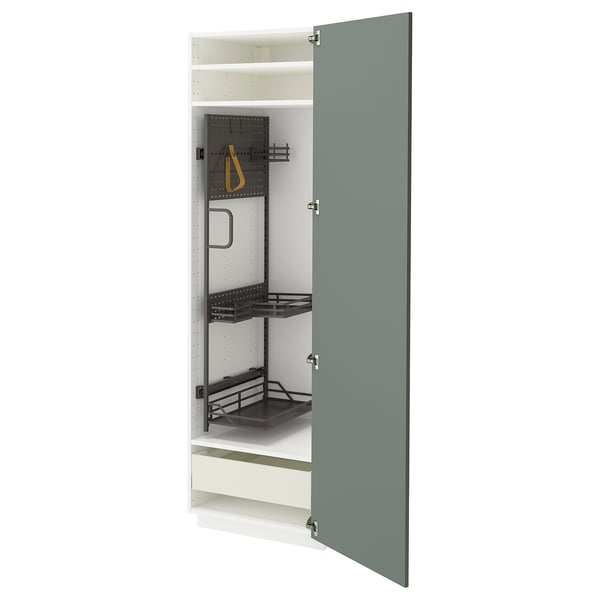 METOD / MAXIMERA Mobile alto con accessori pulizia, bianco/Nickebo grigio-verde opaco, 60x60x200 cm