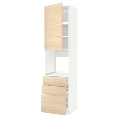 METOD / MAXIMERA Mobile alto forno/anta/3 cassetti, bianco/Askersund effetto frassino chiaro, 60x60x240 cm