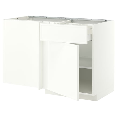 METOD / MAXIMERA Mobile base angol/cassetto/ripiano, bianco/Aspudden bianco opaco, 128x68 cm