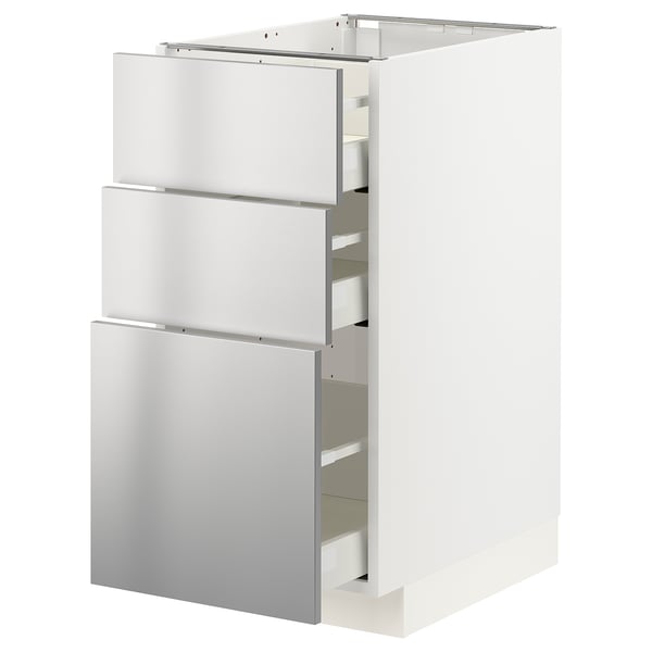 METOD / MAXIMERA Mobile base con 3 cassetti, bianco/Vårsta inox, 40x60 cm